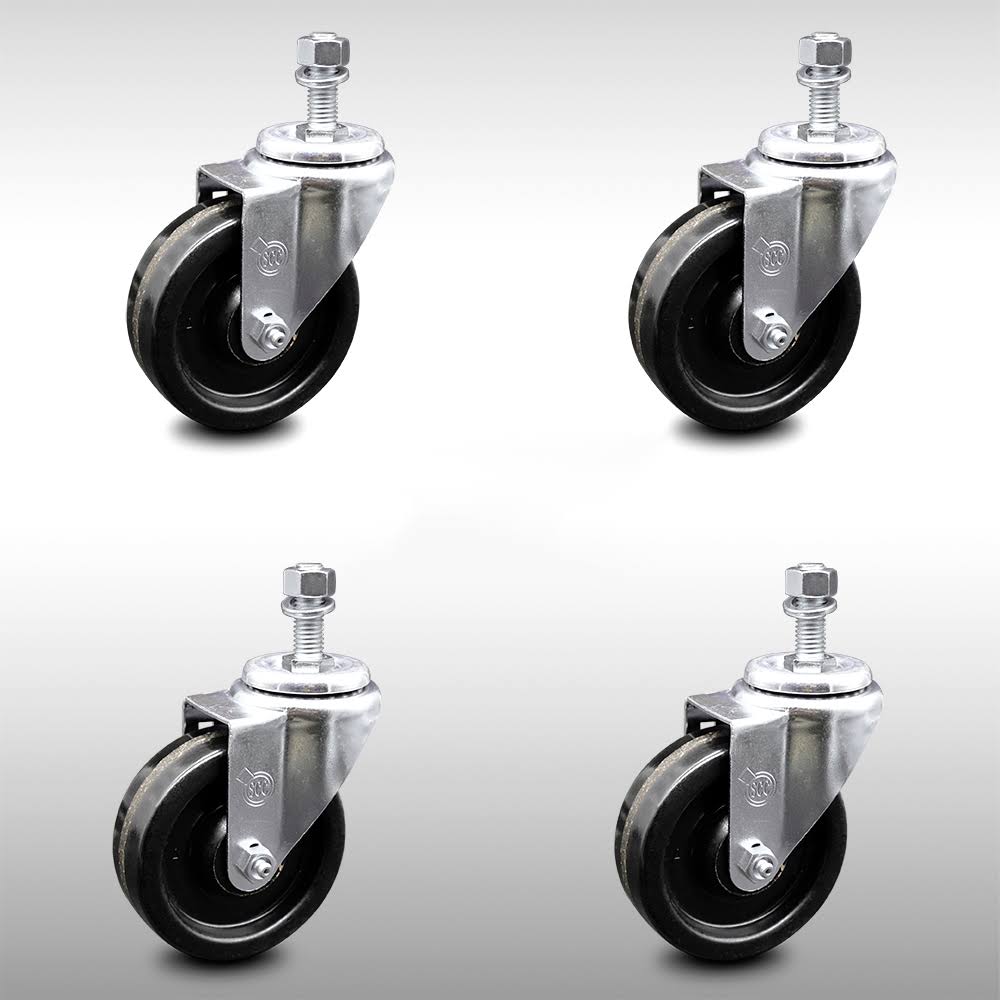 Set of 4 Black 4 inch x 1.25 inch Stainless Steel Swivel Threaded Stem Caster with 3/8 inch Stems V704452