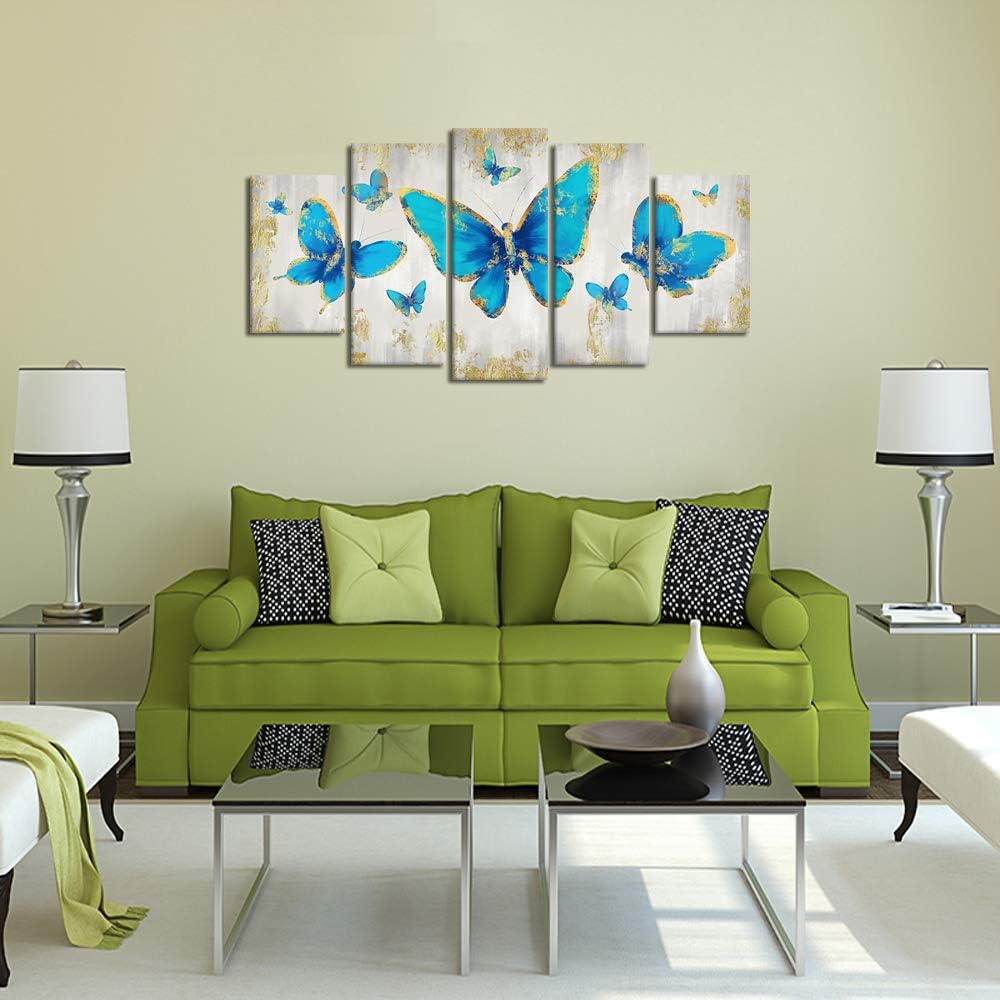 Large 5 Piece Teal Blue Butterfly Canvas Prints Wall Art I3067