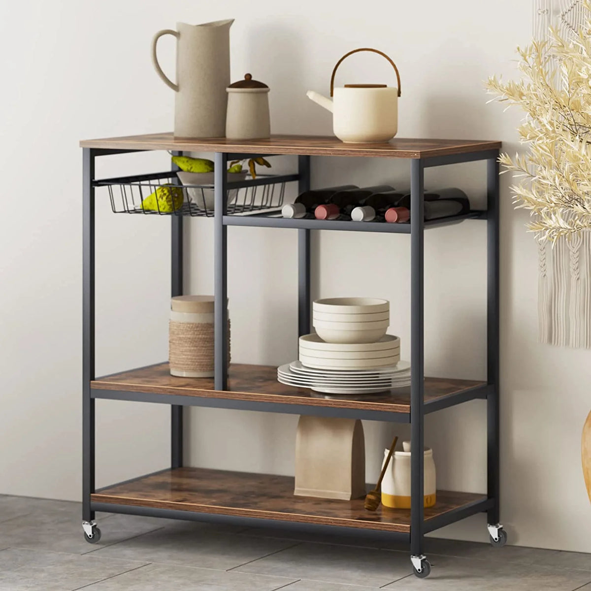 Black 3-Tier Baker's Rack Utility Shelf with Storage and Drawer B37736