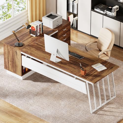 71-Inch L-Shaped Executive Desk with Cabinet and Drawers N1416