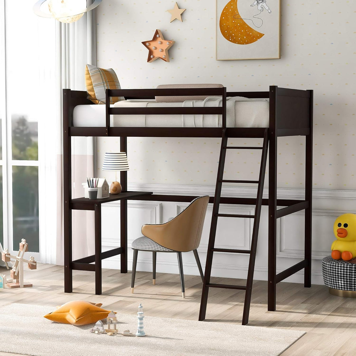 Twin Size Low Loft Bed with Slide, Storage Staircase, Safety Guardrails, Solid Pine Wood Bedframe, White F98576