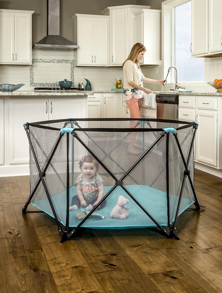 Portable Play Yard, Washable, Aqua, 6-Panel T892