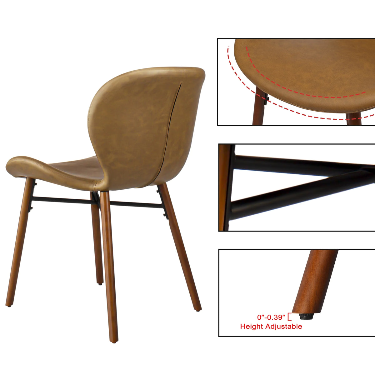 18" Mid Century Leather Dining Chairs, Wood Legged, Set of 2, Brown I484