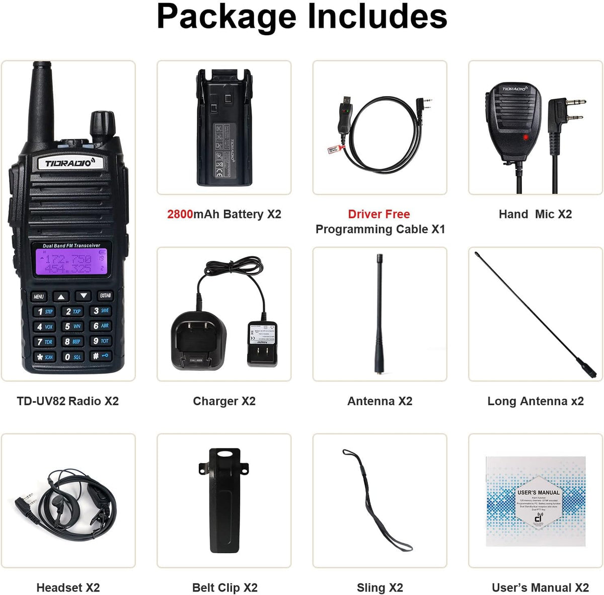 UV-82 Ham Radio Handheld 2 Way Radio with Programming Cable and Long Antenna (2Pack-Black) P983914