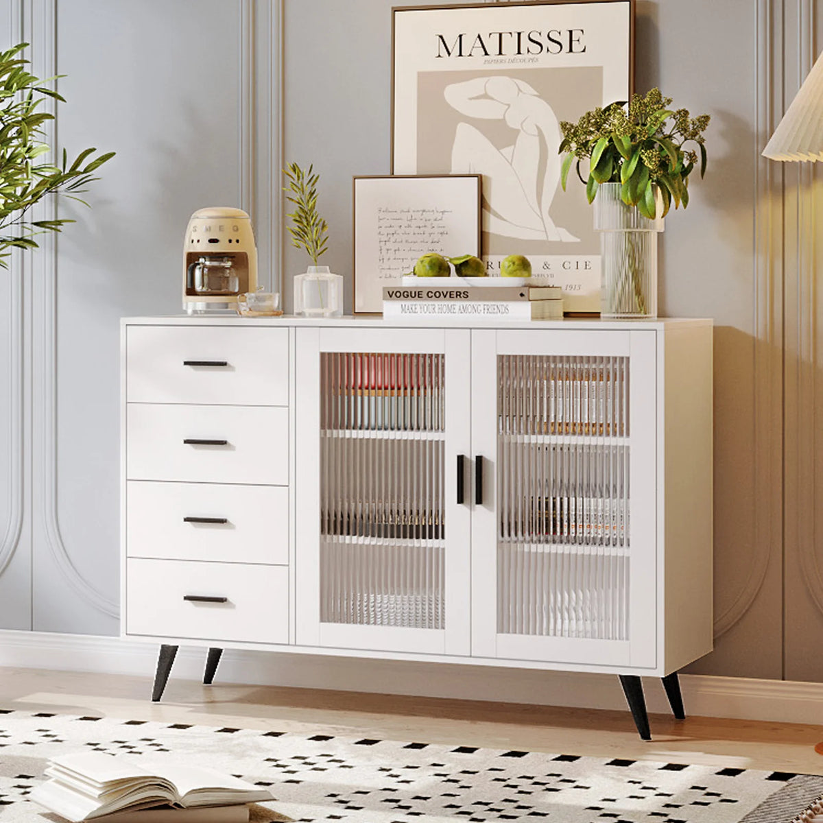 Storage Cabinet with 4 Drawers & 2 Tempered Glass Doors B5109