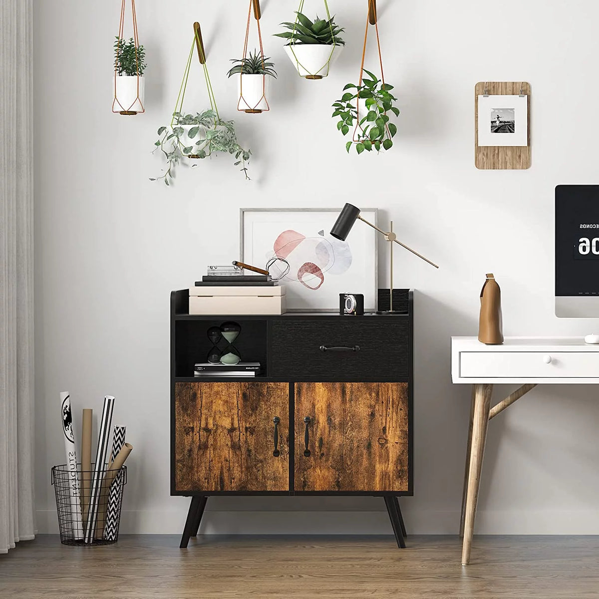 Black and Rustic Brown Wood Storage Cabinet with 1 Drawer K387446
