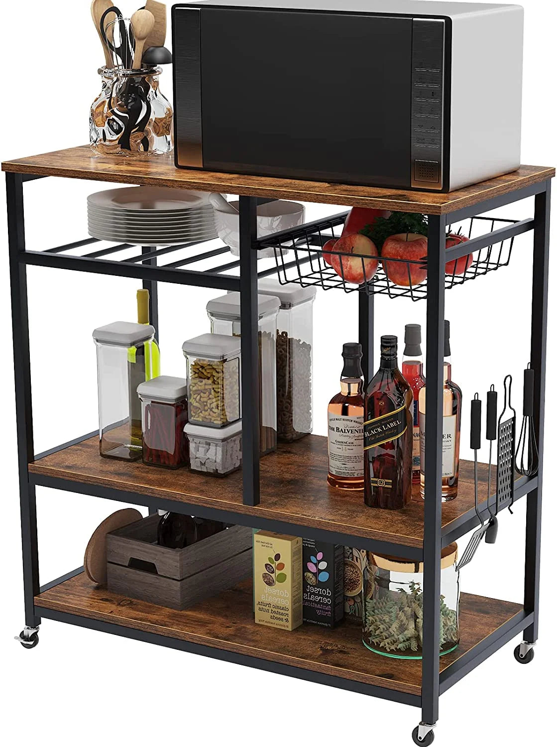 Black 3-Tier Baker's Rack Utility Shelf with Storage and Drawer B37736