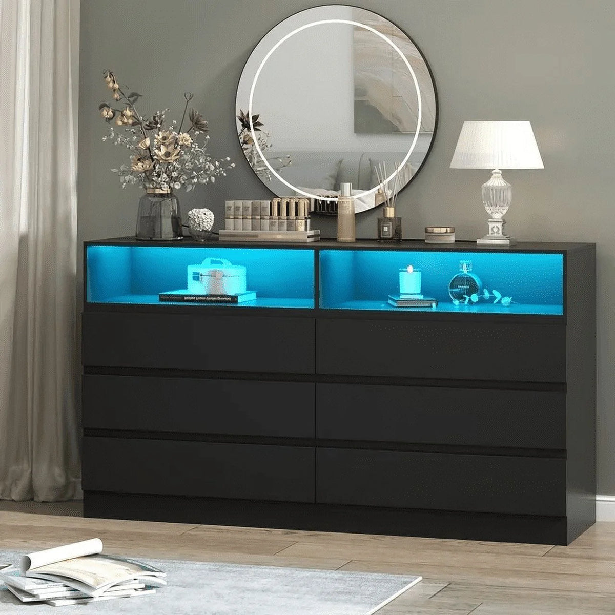 6 Drawer Double Dresser with Power Outlet and LED Light, White A889115