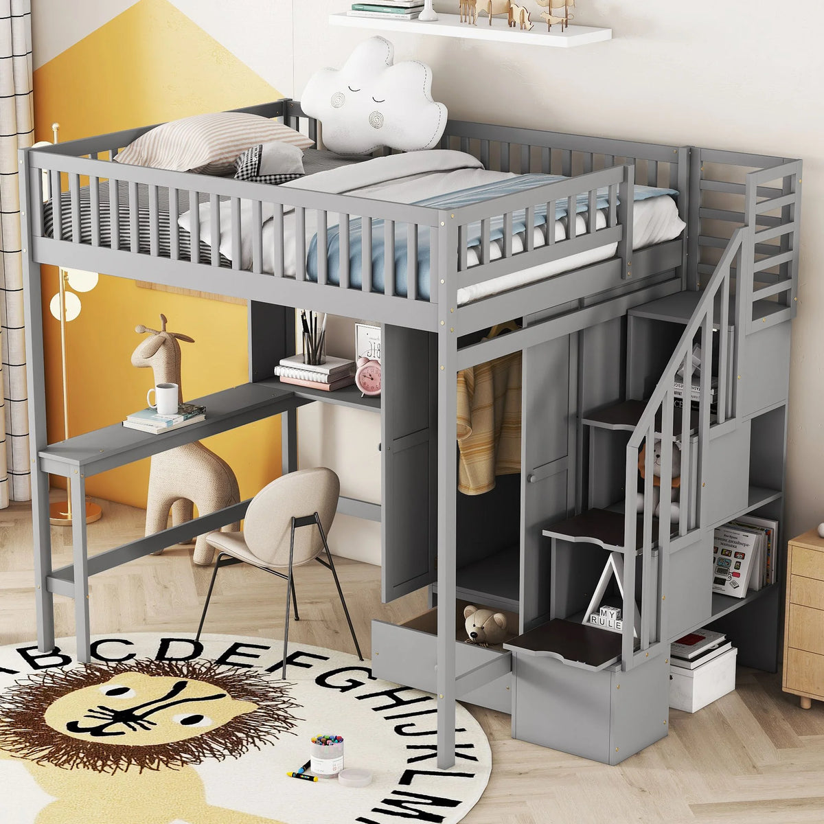 Full Size Wooden High Loft Bed with Desk Shelves Wardrobe N58725