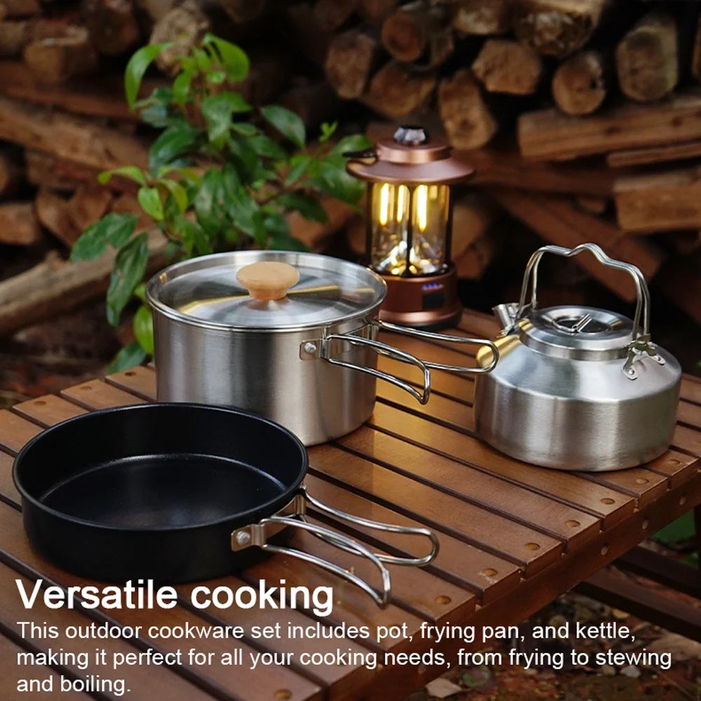 Stainless Steel Camping Cookware Set with Pot Frying Pan Kettle E568790