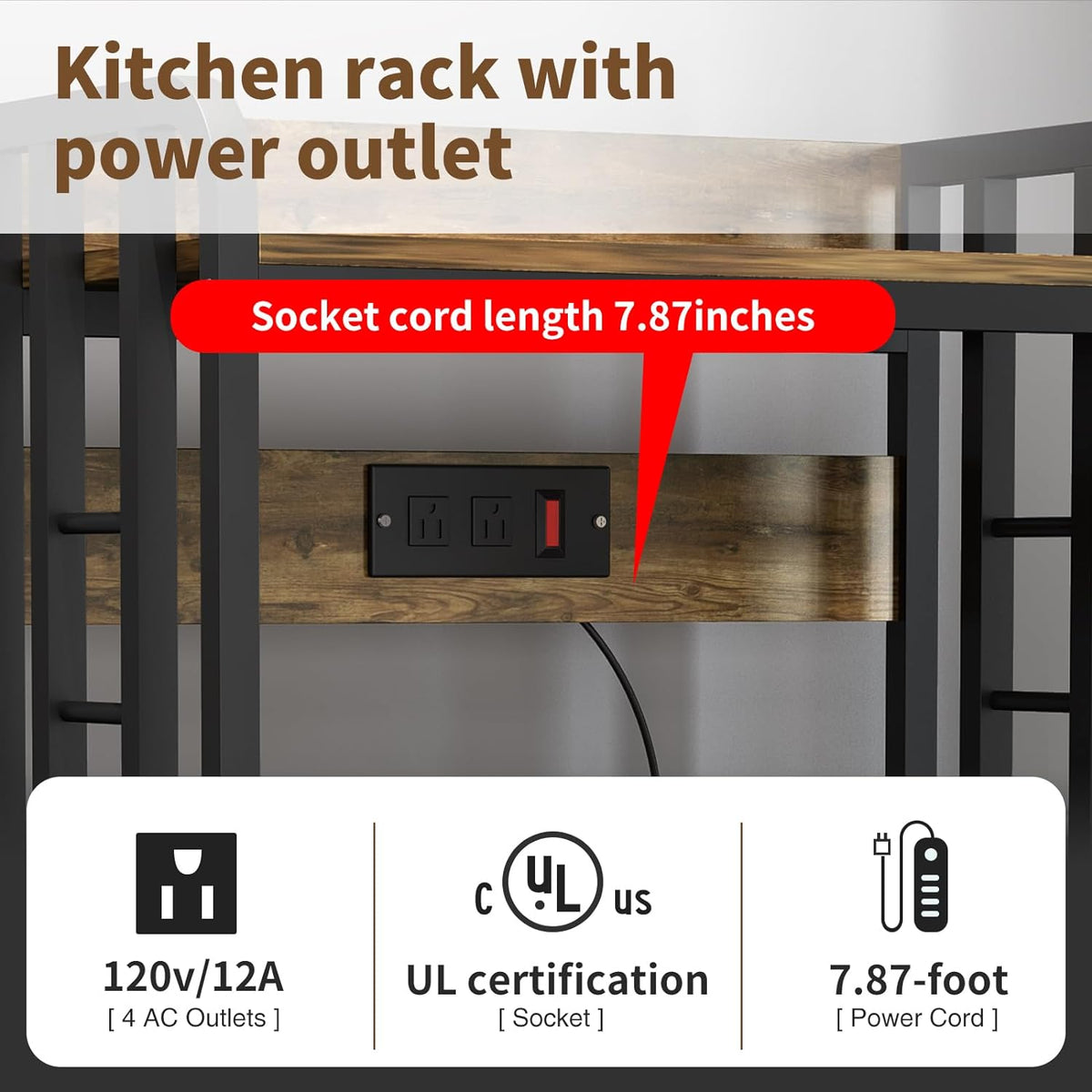 Rustic Brown 4-Tier Kitchen Baker's Rack with Power Outlet T4626