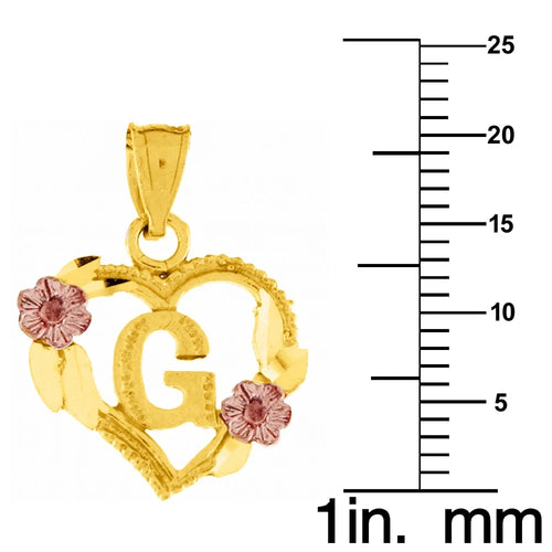 14K Two-Tone Gold Flower and Heart-Shaped Initial Pendant with 16" Chain Necklace Z617