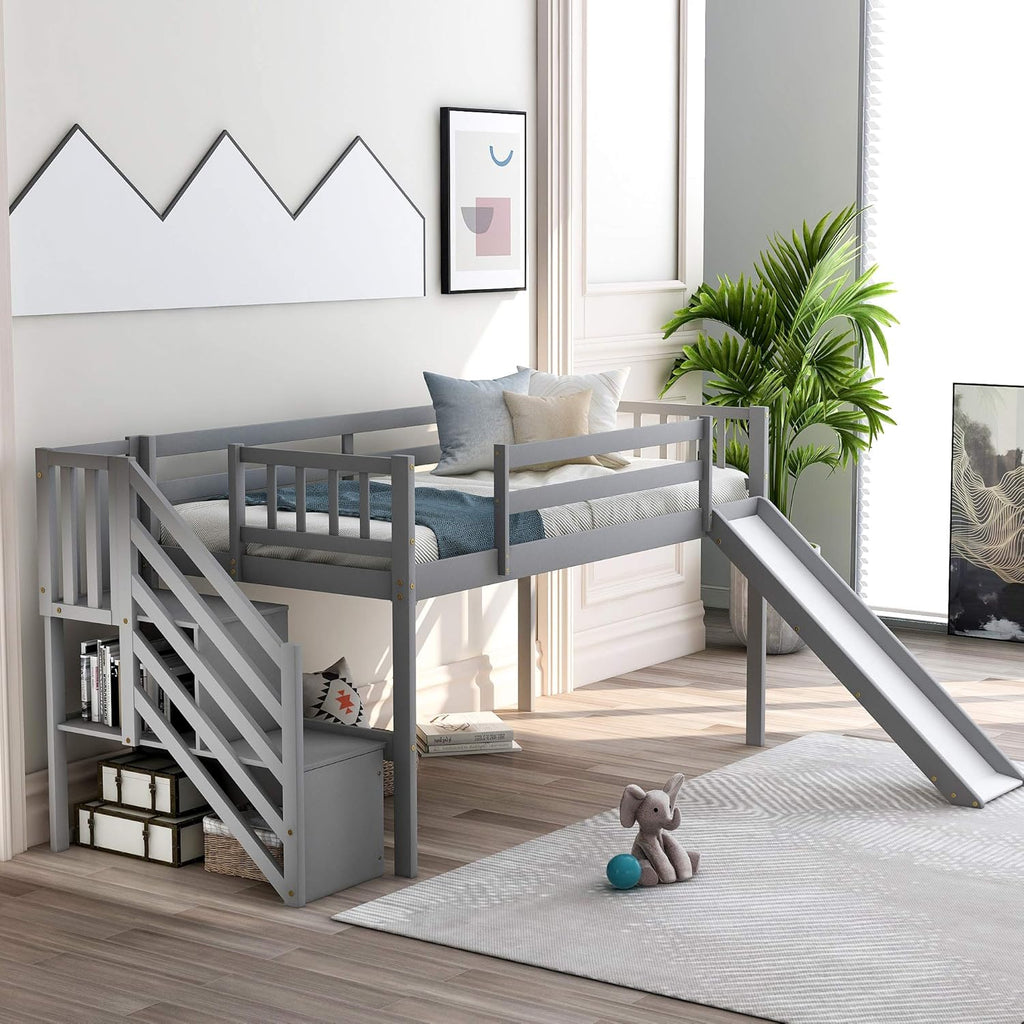Twin Size Low Loft Bed with Slide, Storage Staircase, Safety Guardrails, Solid Pine Wood Bedframe, White F98576
