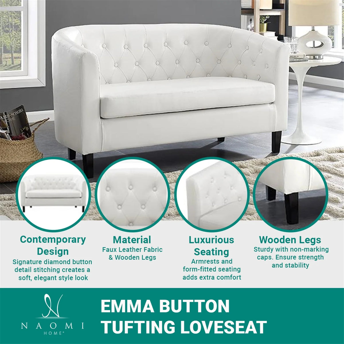 White Faux Leather Barrel Loveseat J237