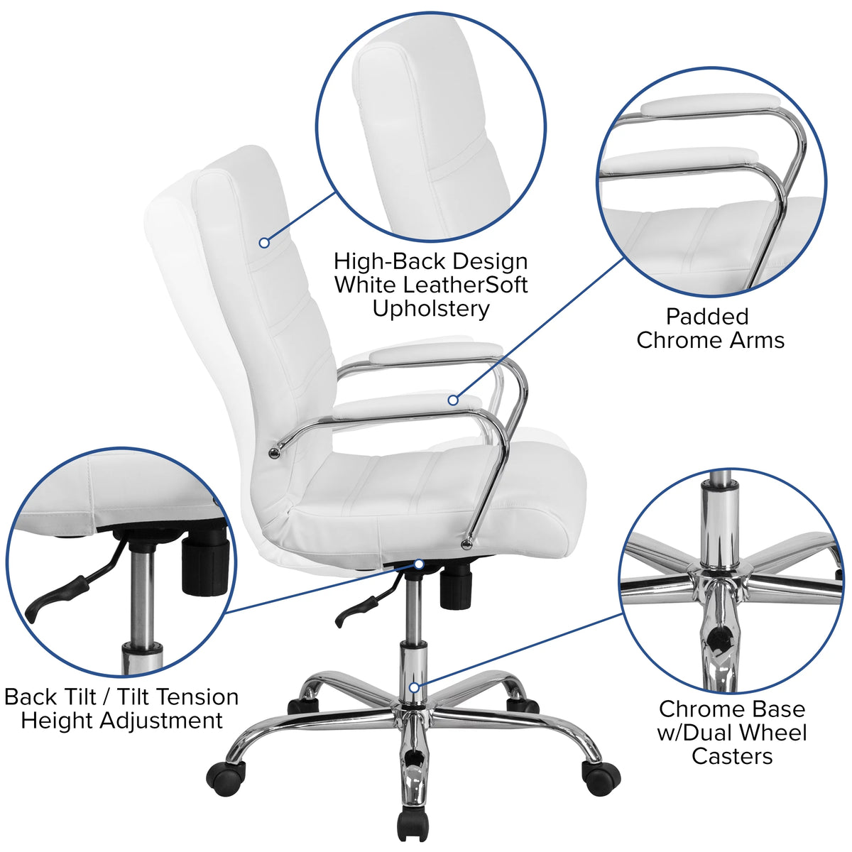 White High Back Executive Swivel Office Chair with Chrome Arms O6522