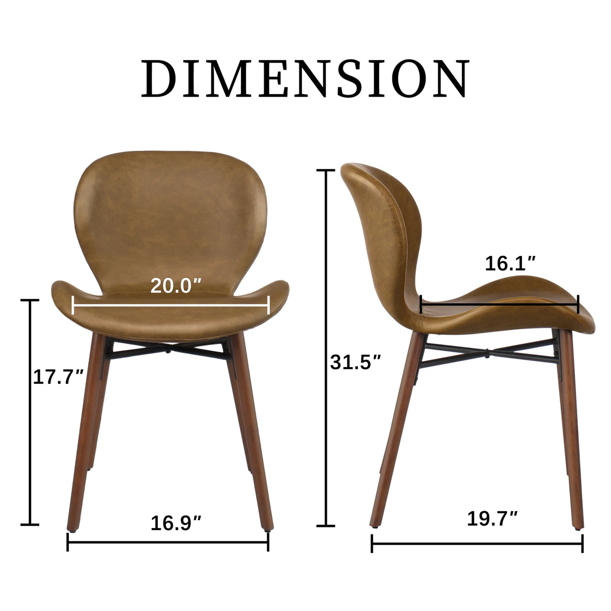 18" Mid Century Leather Dining Chairs, Wood Legged, Set of 2, Brown I484