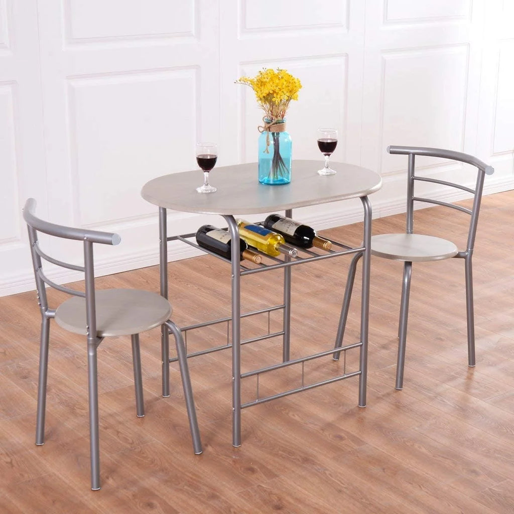 3 Piece Dining Table & Chair Set with Wine Rack Storage Shelf V391