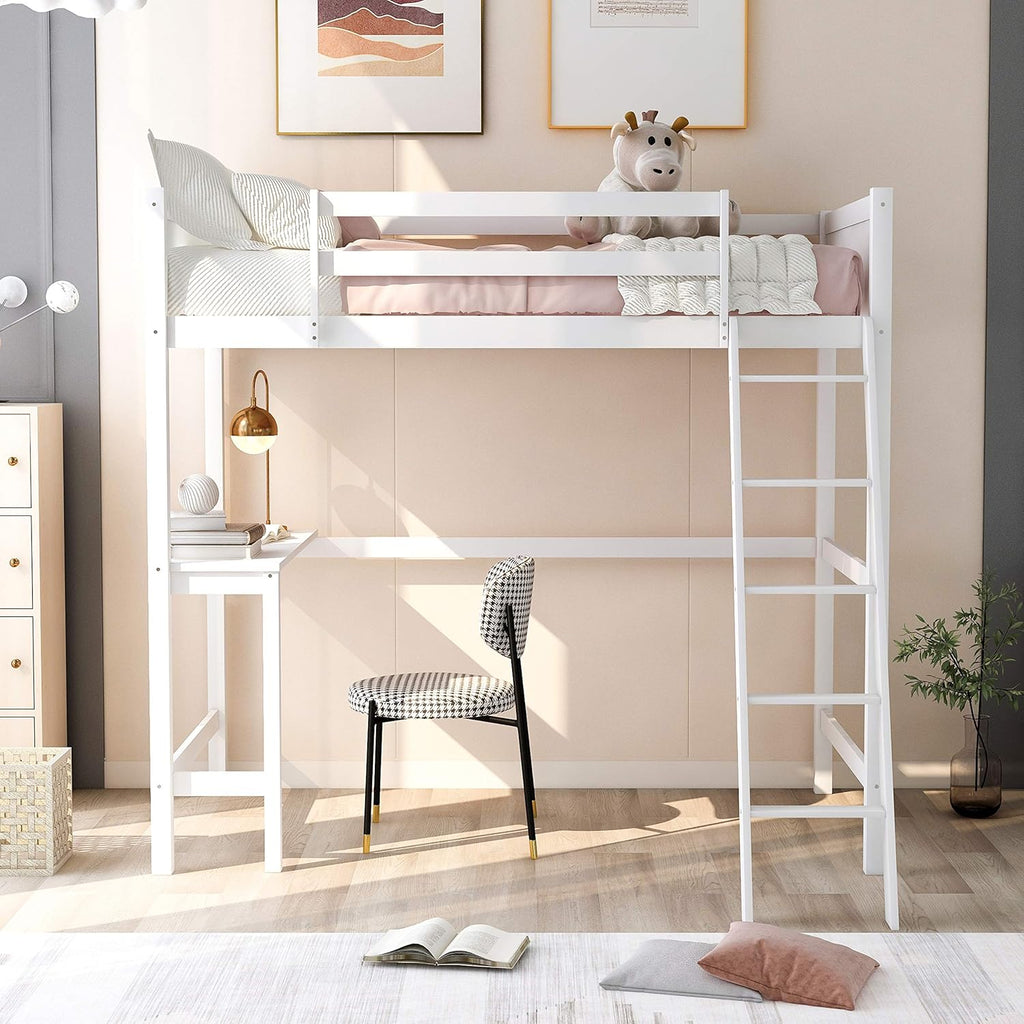 Twin Size Low Loft Bed with Slide, Storage Staircase, Safety Guardrails, Solid Pine Wood Bedframe, White F98576
