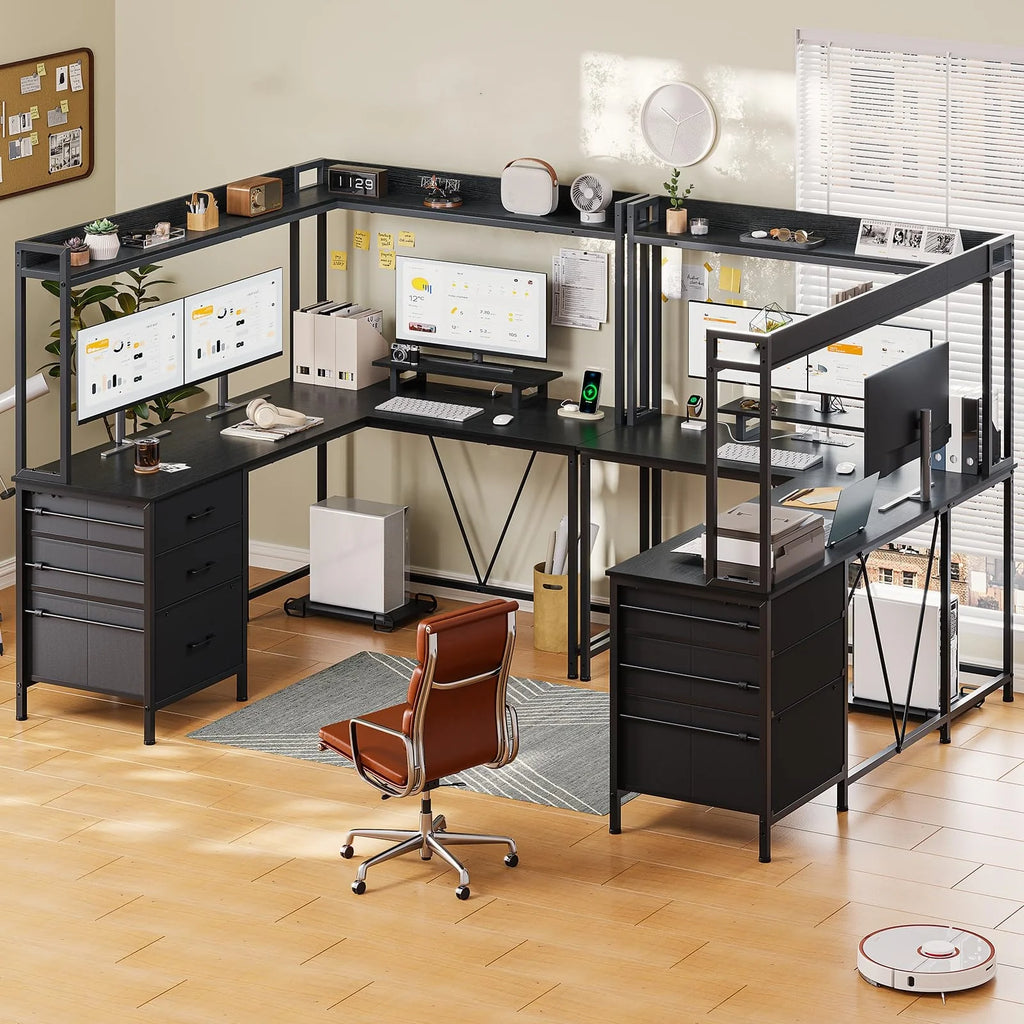 L Shaped Gaming Desk with Hutch and Drawers, Black E978
