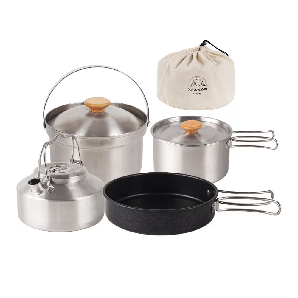 Stainless Steel Camping Cookware Set with Pot Frying Pan Kettle E568790
