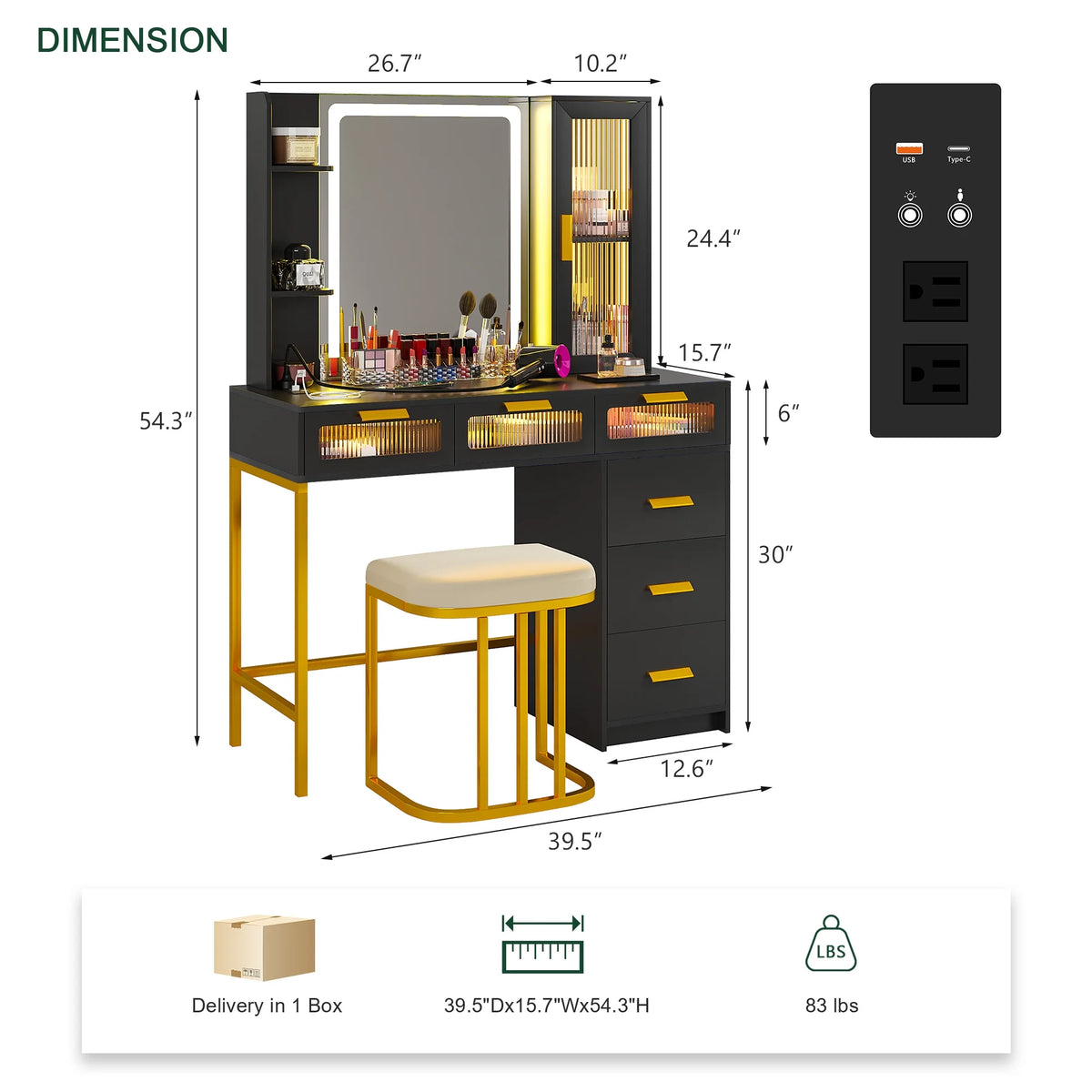 Makeup Vanity Table Set with LED Mirror and 6 Drawers Q738