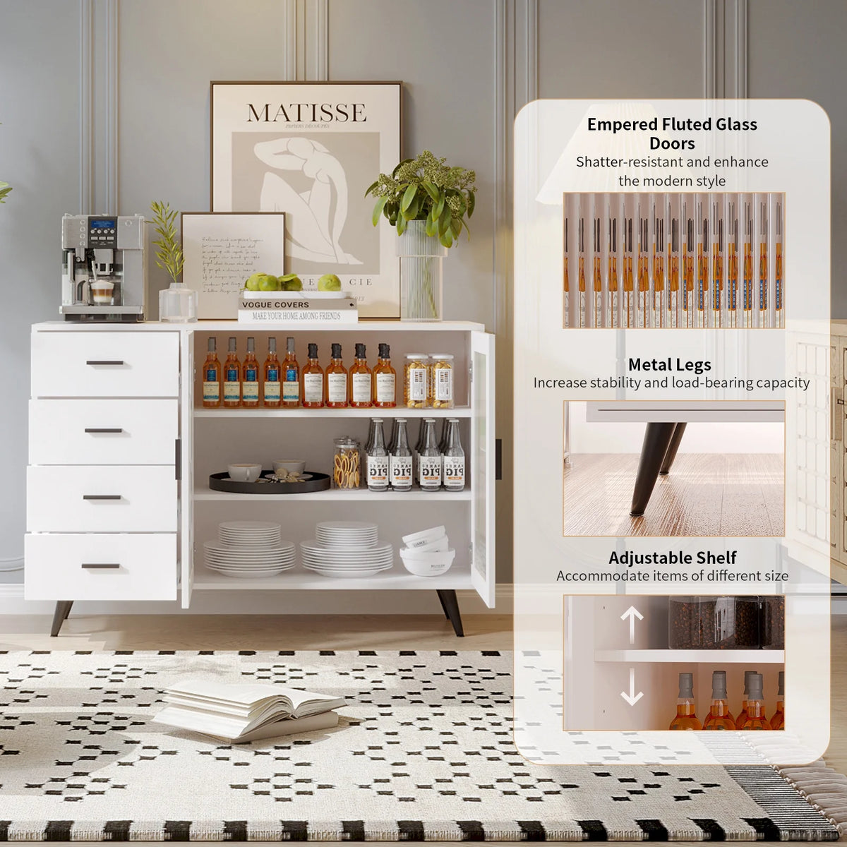 Storage Cabinet with 4 Drawers & 2 Tempered Glass Doors B5109
