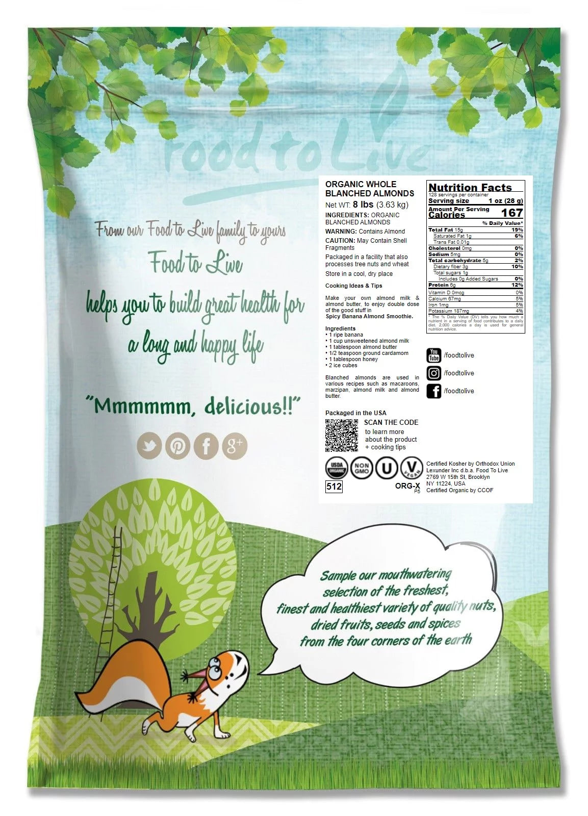 Organic Whole Blanched Almonds 8 Pounds V414