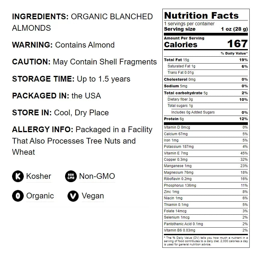 Organic Whole Blanched Almonds 8 Pounds V414
