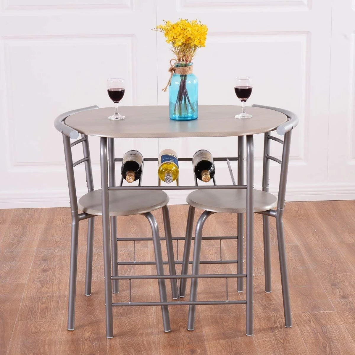 3 Piece Dining Table & Chair Set with Wine Rack Storage Shelf V391