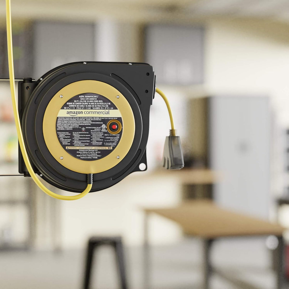 Retractable Heavy Duty 16AWG x 50' Extension Cord Reel with Glow Strip Cable and LED Light-Up Triple Tap Connector P45757