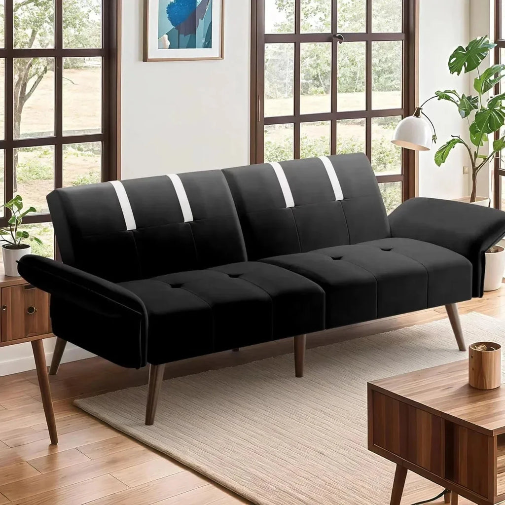 Black Velvet Sofa Bed with Adjustable Armrests I88123
