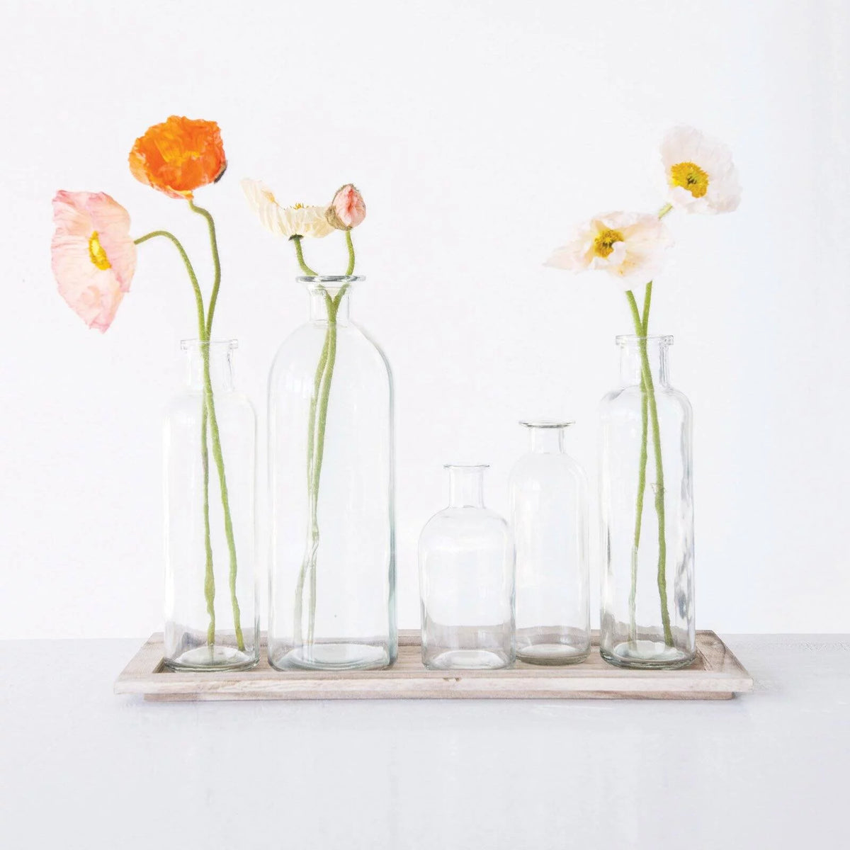 Vintage Bottle Vases on Wood Tray, 6 Pieces Z8781