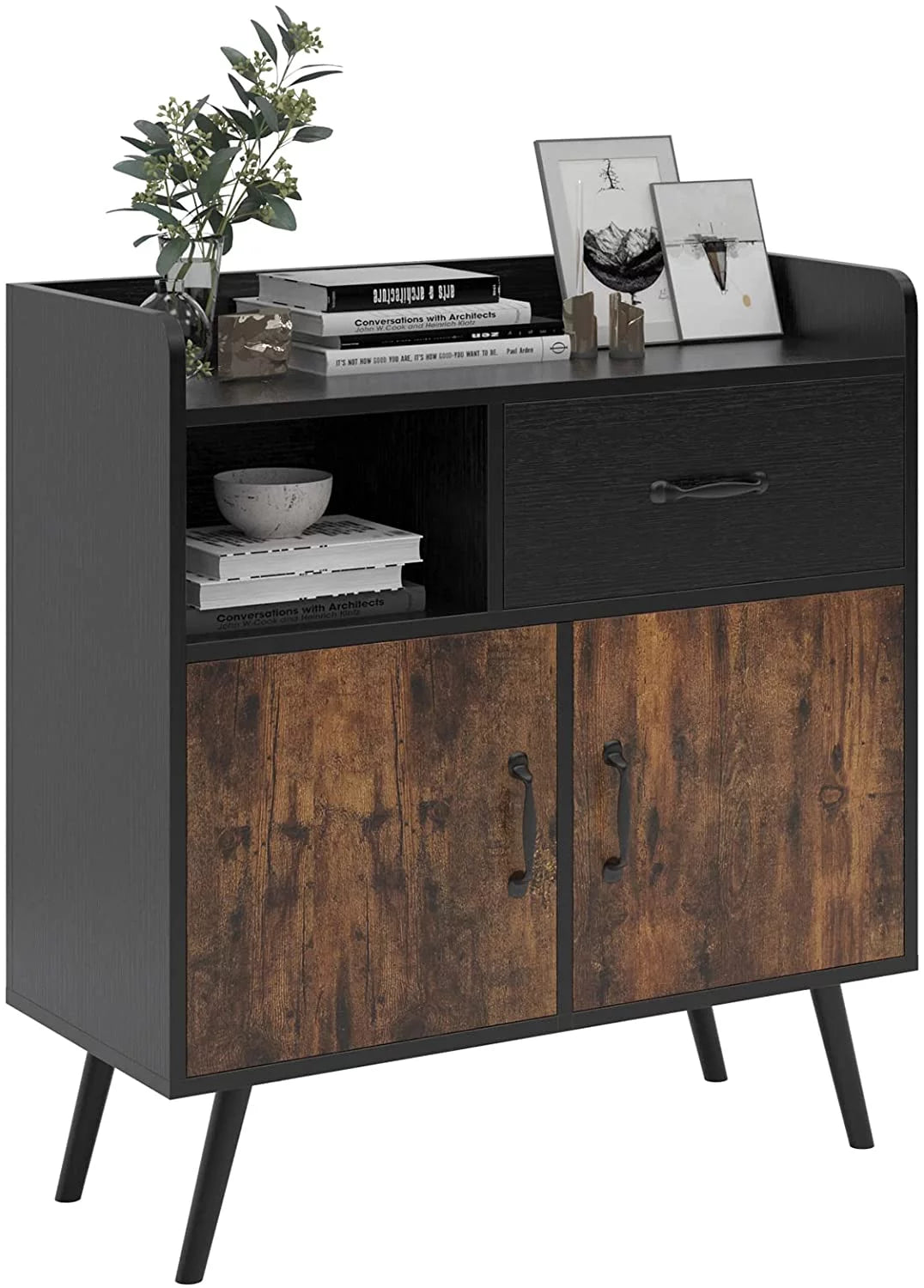Black and Rustic Brown Wood Storage Cabinet with 1 Drawer K387446