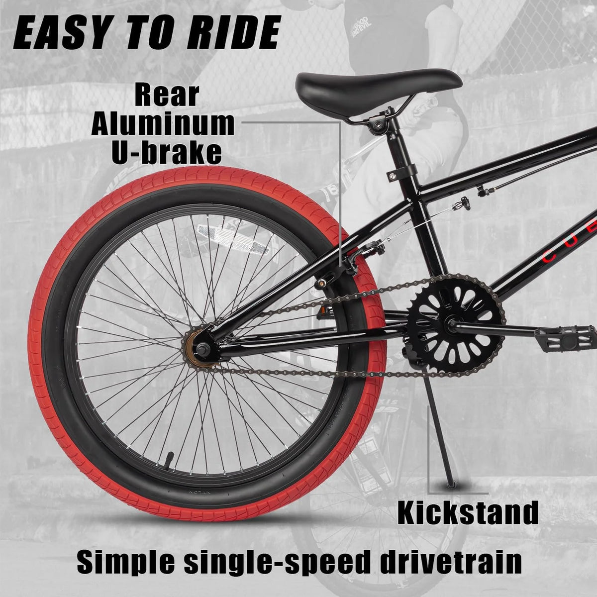 20 in Freestyle BMX Kids Bike Black with Red Tires D56320
