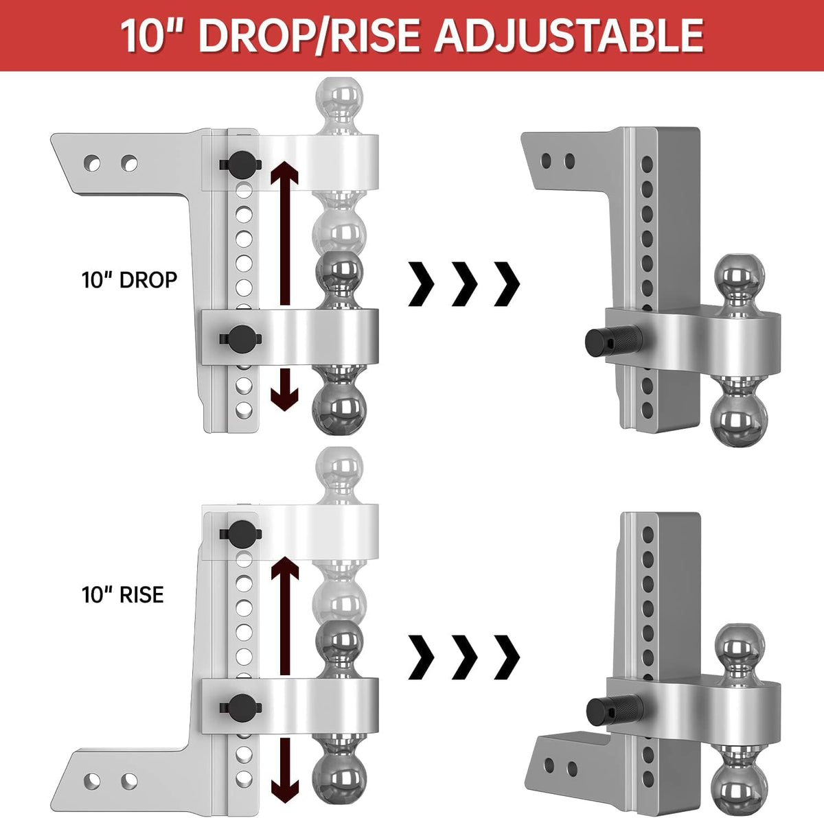 Adjustable Trailer Hitch Ball Mount, 10 Inch Drop, 2.5 Inch Receiver, 18,500 LBS GTW, Forged Aluminum Shank, 2 Inch & 2-5/16 Inch Dual Balls M259244