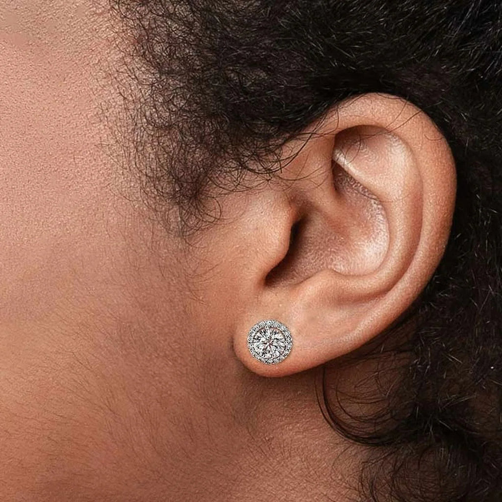 18K White Gold Diamond Halo Stud Earrings Screw-Back F33340