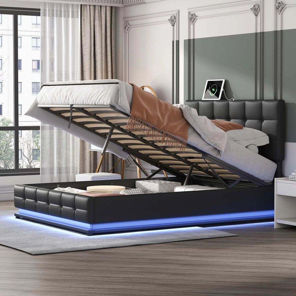 White Queen Size Tufted Upholstered Platform Bed with LED Lights and USB Charger P888980