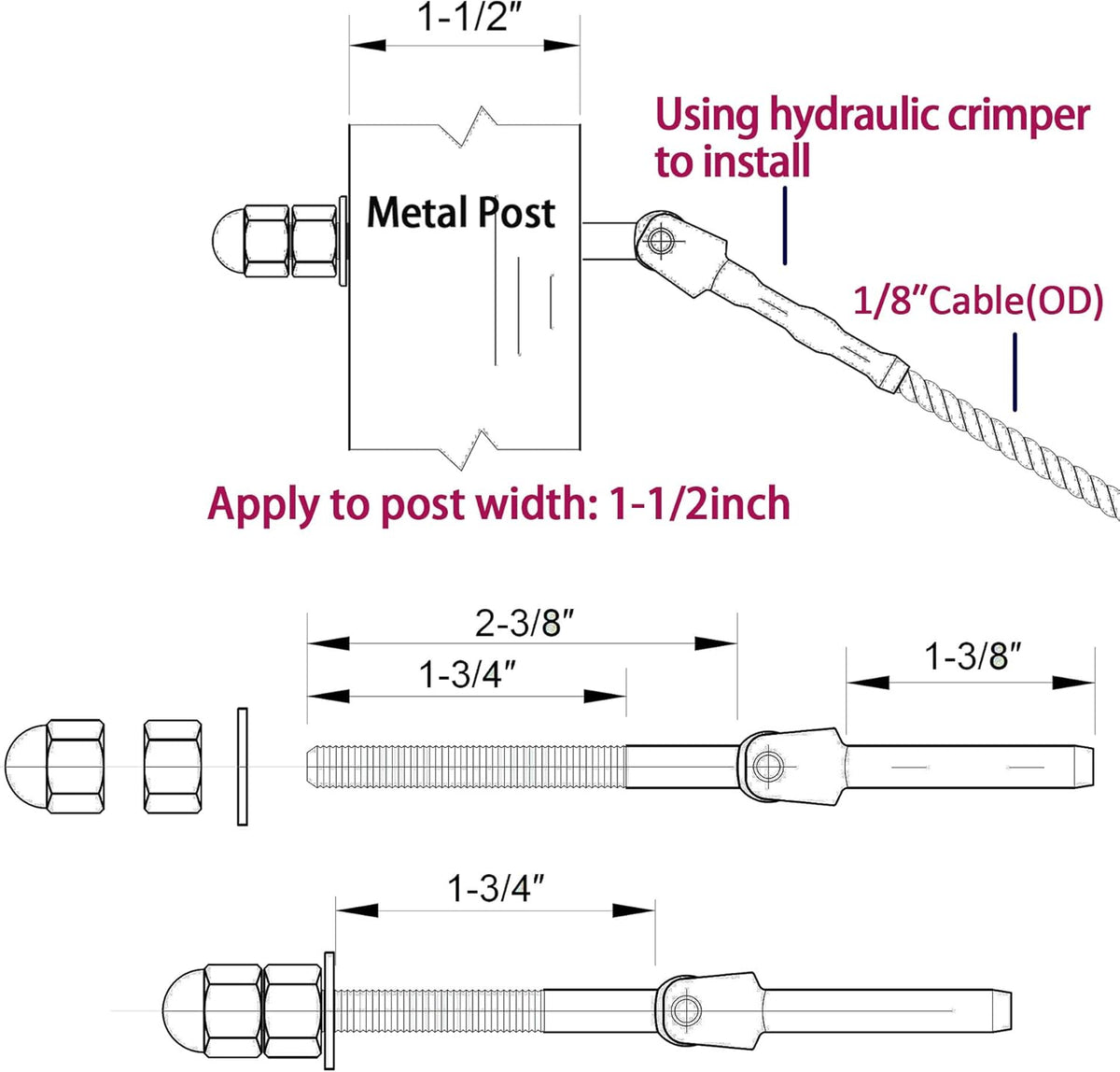 1/8 Inch T316 Stainless Steel Adjustable Cable Railing Kit for 1.5 Inch Metal Post (20 Pack) I205