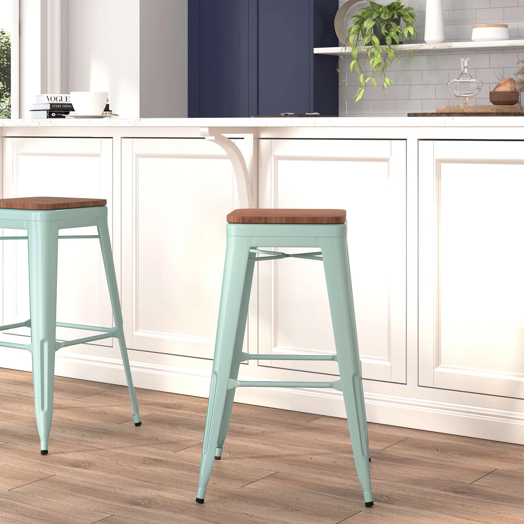 Backless Mint Green Barstool with Wood Seat Y69513