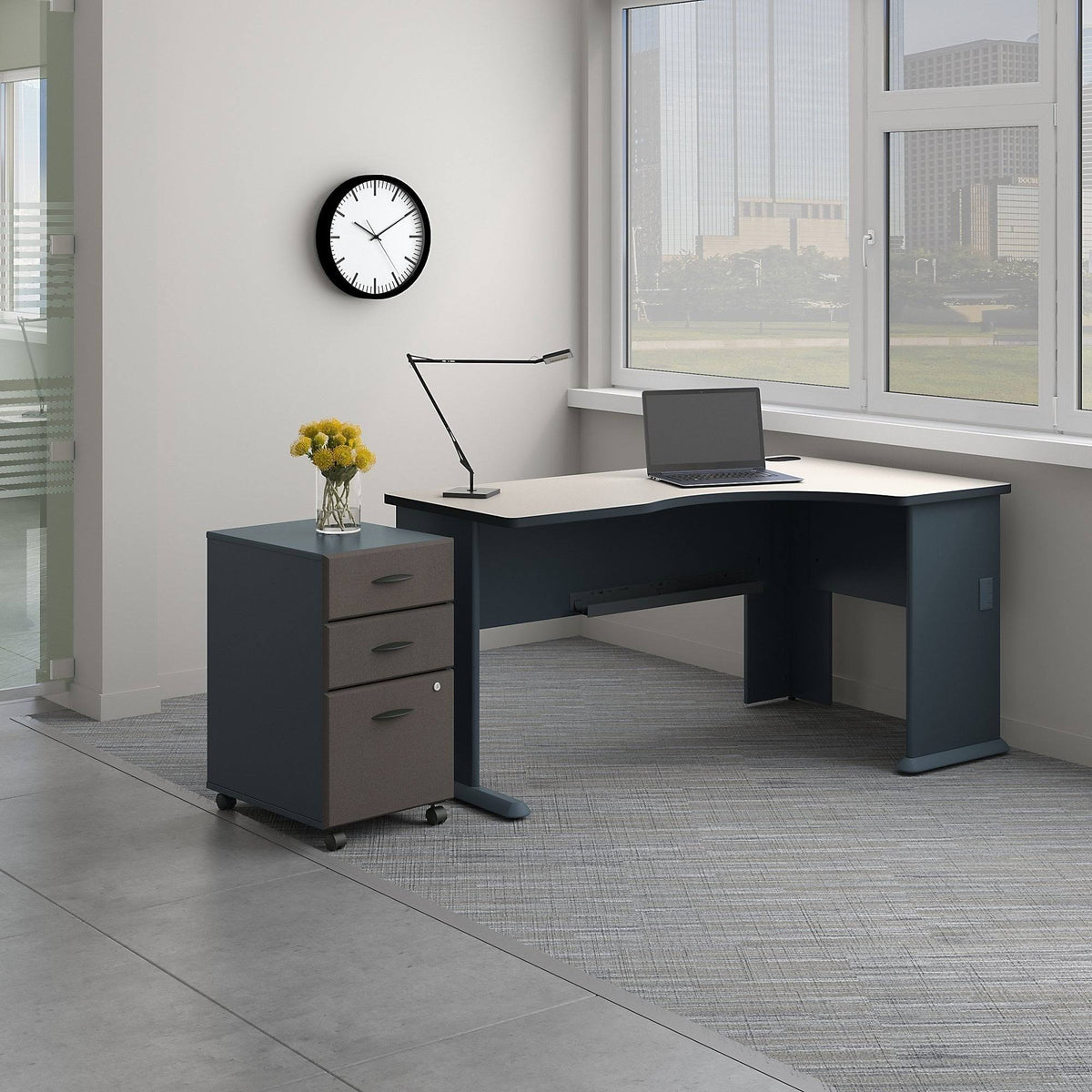 Right Corner Desk with Mobile File Cabinet Slate White Spectrum E132